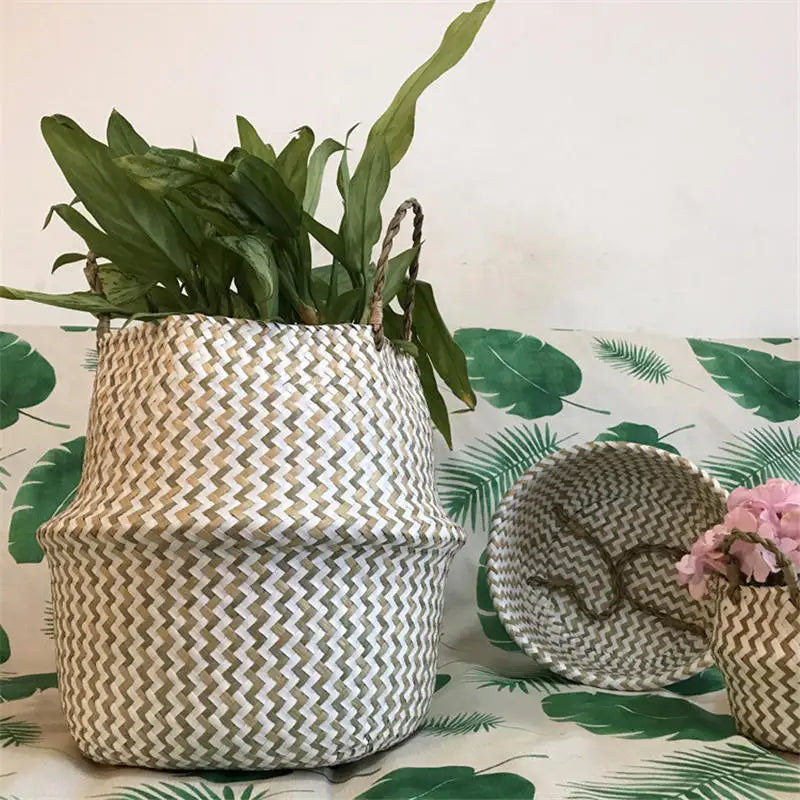 Foldable Handmade Wicker Basket Rattan Straw Home Garden Wave Pattern Planter pots Laundry Basket