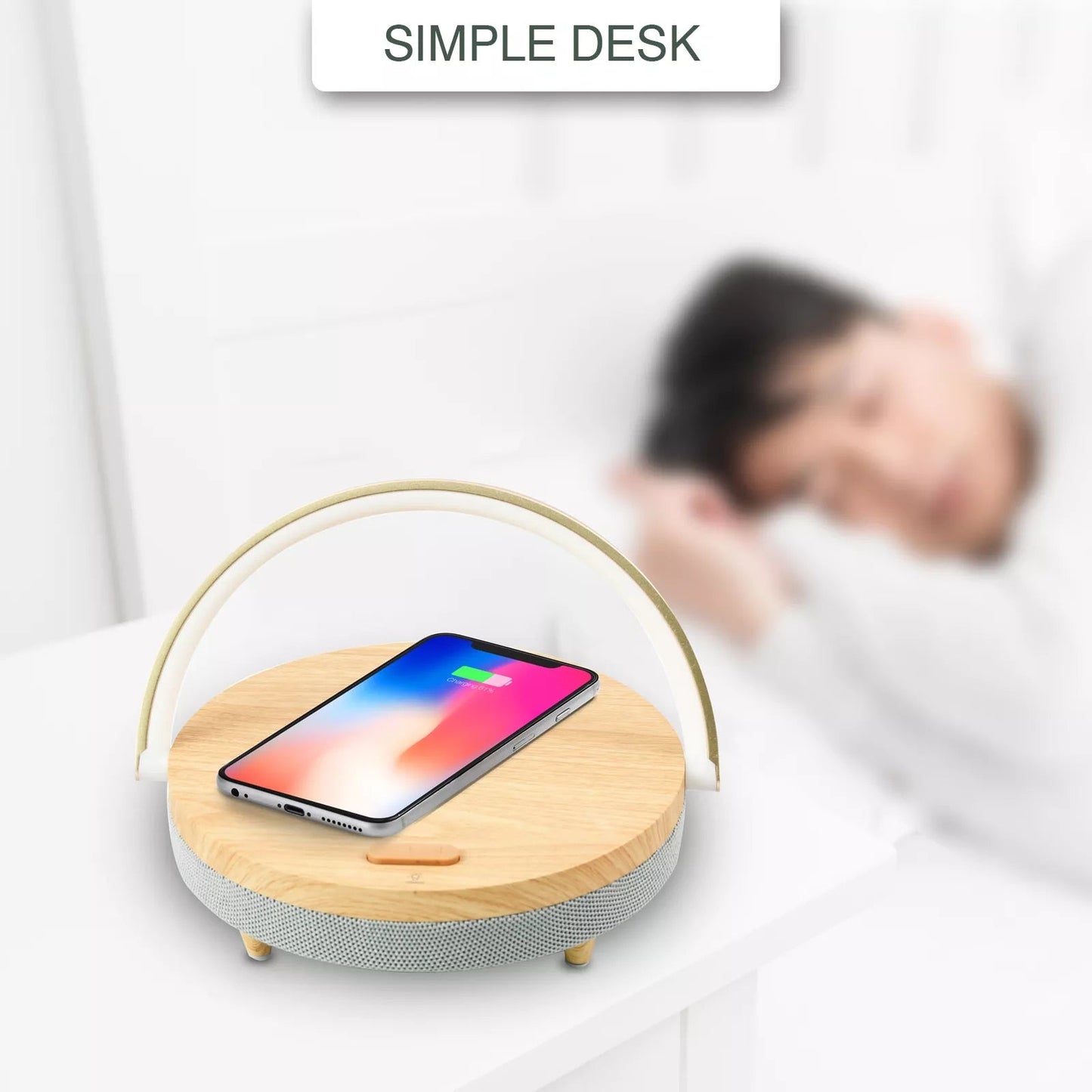 Pro Bluetooth Speaker with Wood Finish, Wireless Charger + LED Lamp, Music Bedside Lamp