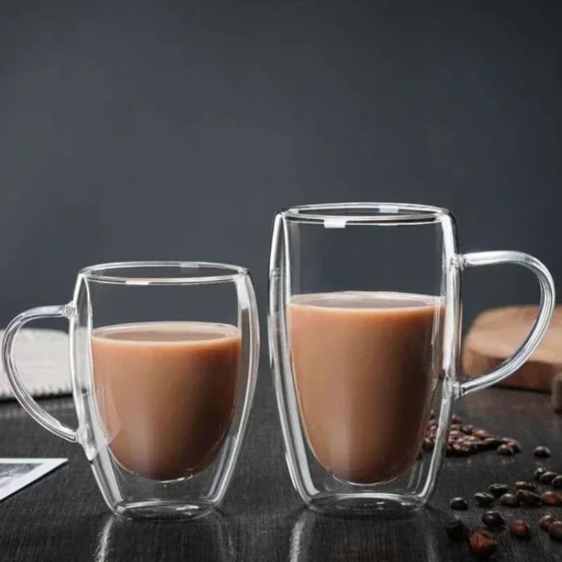 Heat Resistant Clear Double Wall Glass Mug with Handle - Ideal for Coffee, Milk, Juice, and Water - Perfect Coffeeware Lover's Gift