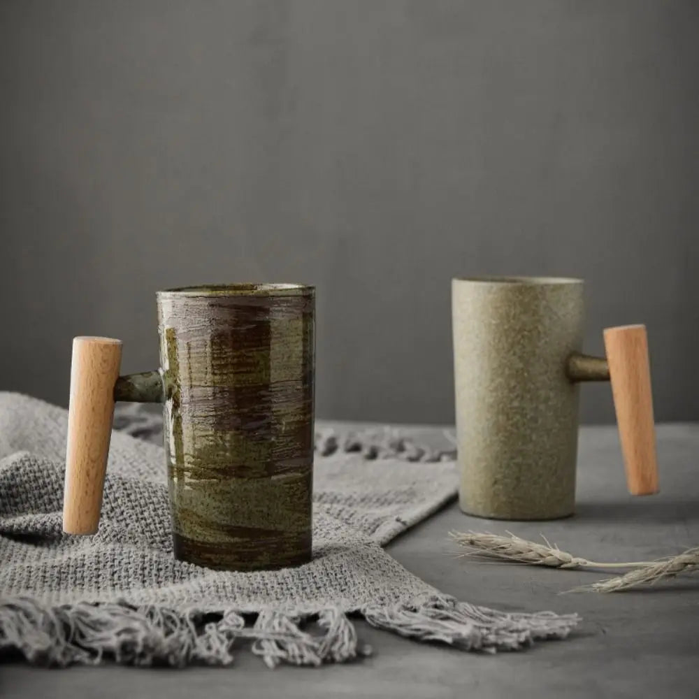 Vintage Ceramic Mug Coffee Cup Drinking Cup Retro Matte Mug with Wooden Handle Handmade Mugs Ceramic Cups Dining & Bar Drinkware