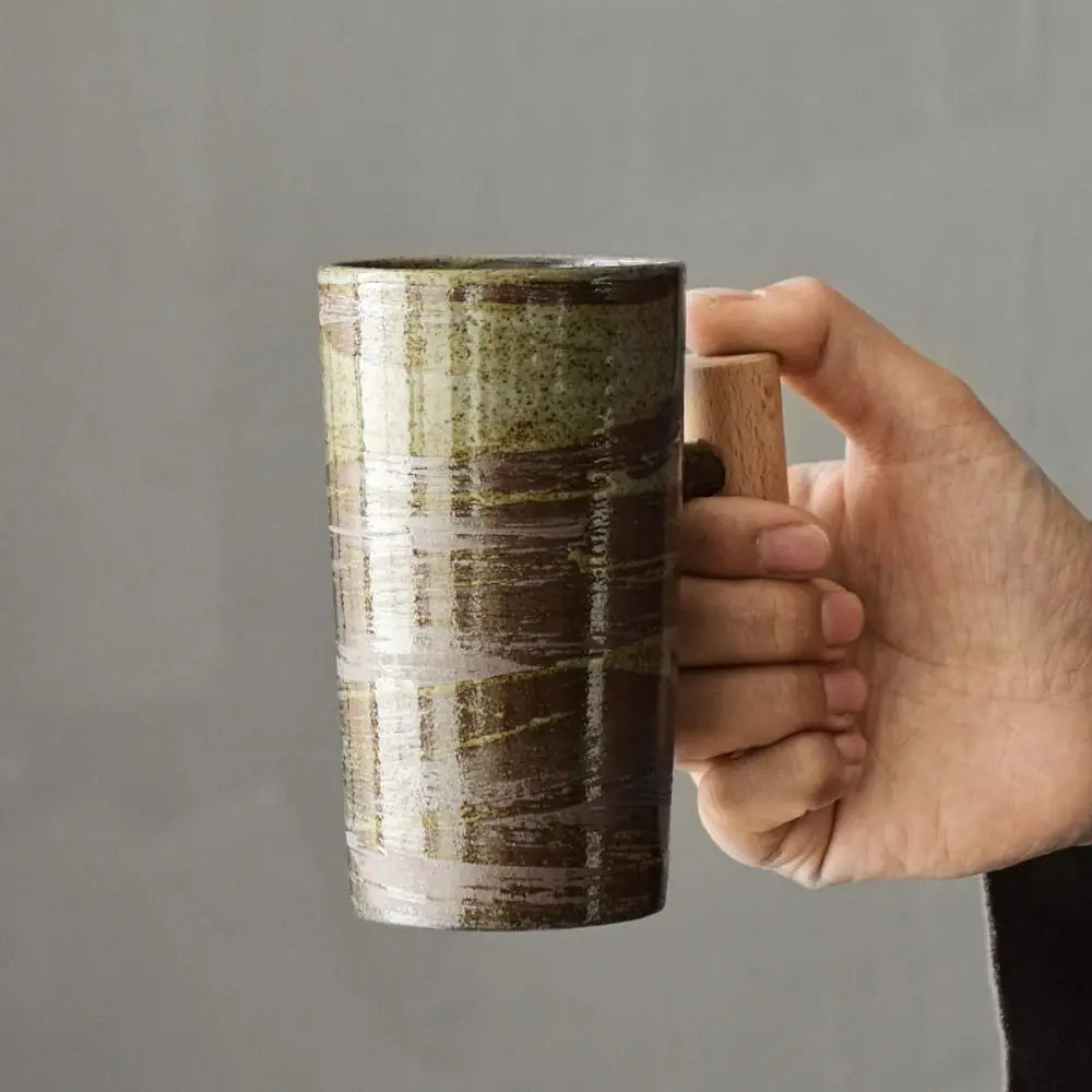 Vintage Ceramic Mug Coffee Cup Drinking Cup Retro Matte Mug with Wooden Handle Handmade Mugs Ceramic Cups Dining & Bar Drinkware