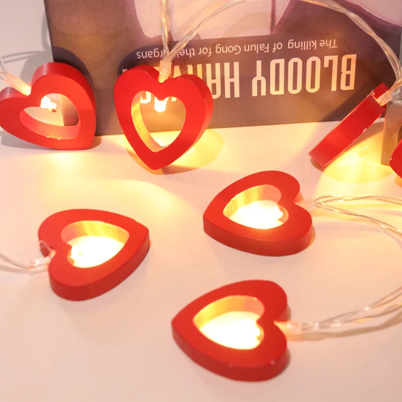 Valentine's Day Wooden Heart String Lights Fairy Light Hanging Lamp Valentines  room Decoration 10pc