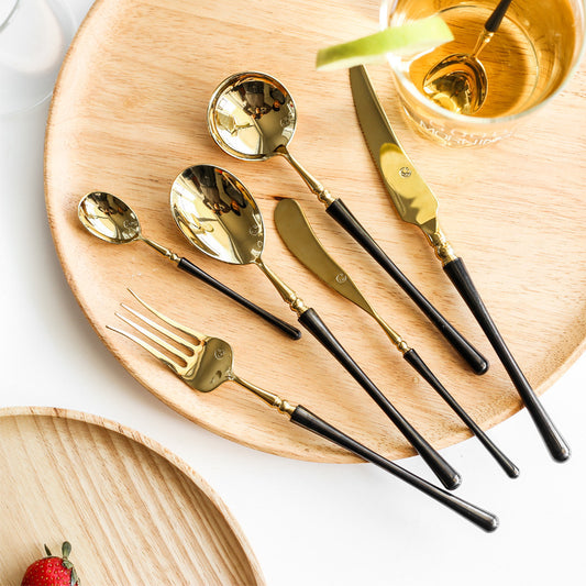 Elegant European Custom Black Gold Stainless Steel Western Table Tool Set - Includes Knife, Fork, Spoon - Available in Three or Four-Piece Sets