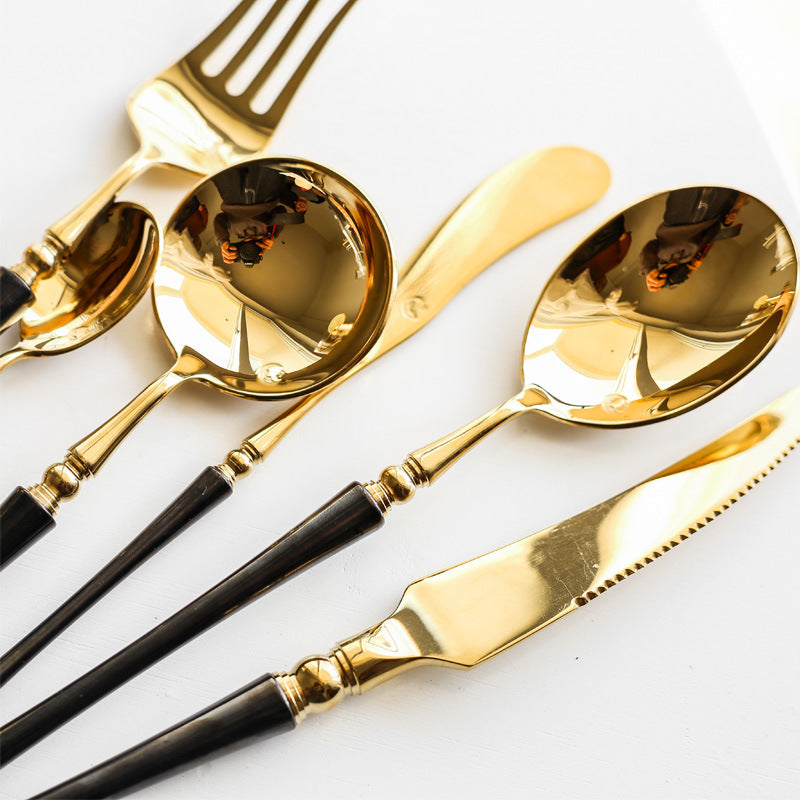 Elegant European Custom Black Gold Stainless Steel Western Table Tool Set - Includes Knife, Fork, Spoon - Available in Three or Four-Piece Sets