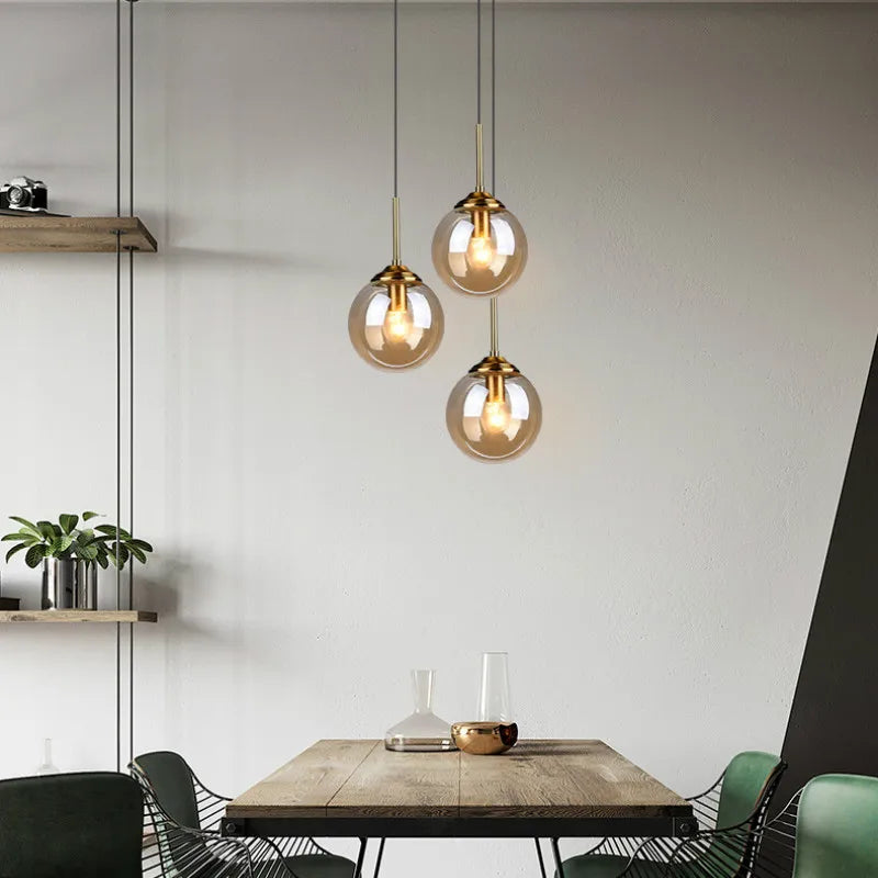 Modern Glass Ball Pendant Lights E14 Gold LED Hanging Lamp Vintage Decor Lighting Luminaire for Living Room Bedroom Kitchen Loft