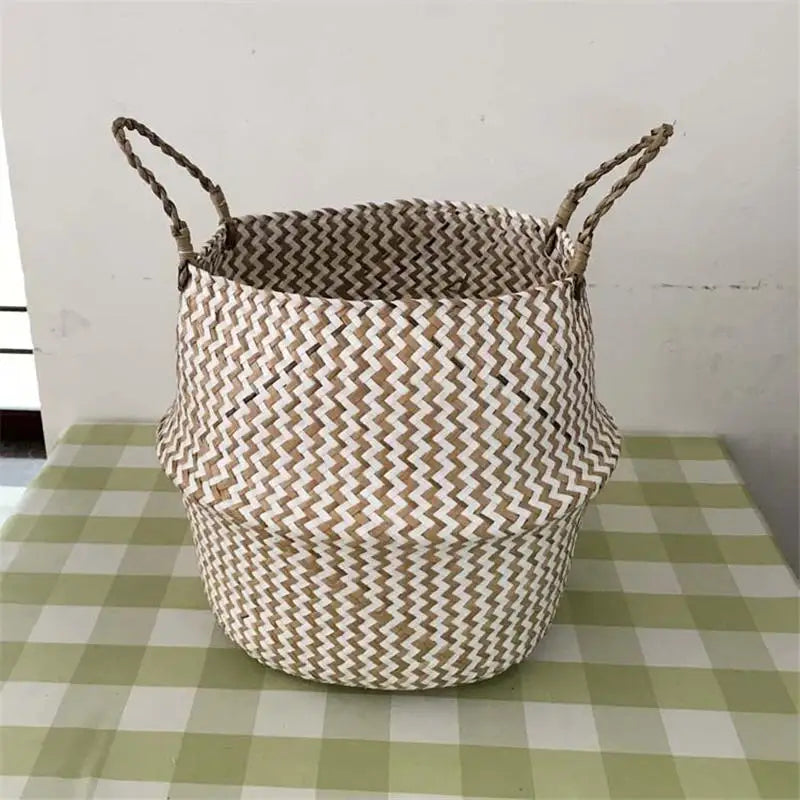 Foldable Handmade Wicker Basket Rattan Straw Home Garden Wave Pattern Planter pots Laundry Basket