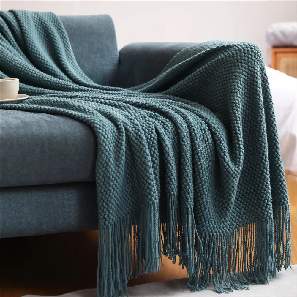 Textile City Home Decorative Thick Knitted Blanket Waffle Embossed Winter Warm Tassels Throw Bedspread 130x240cm