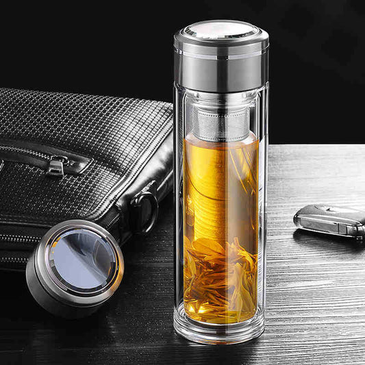 Double-Layer Glass Tea Cup with Filter and Cover for Business and Office Use