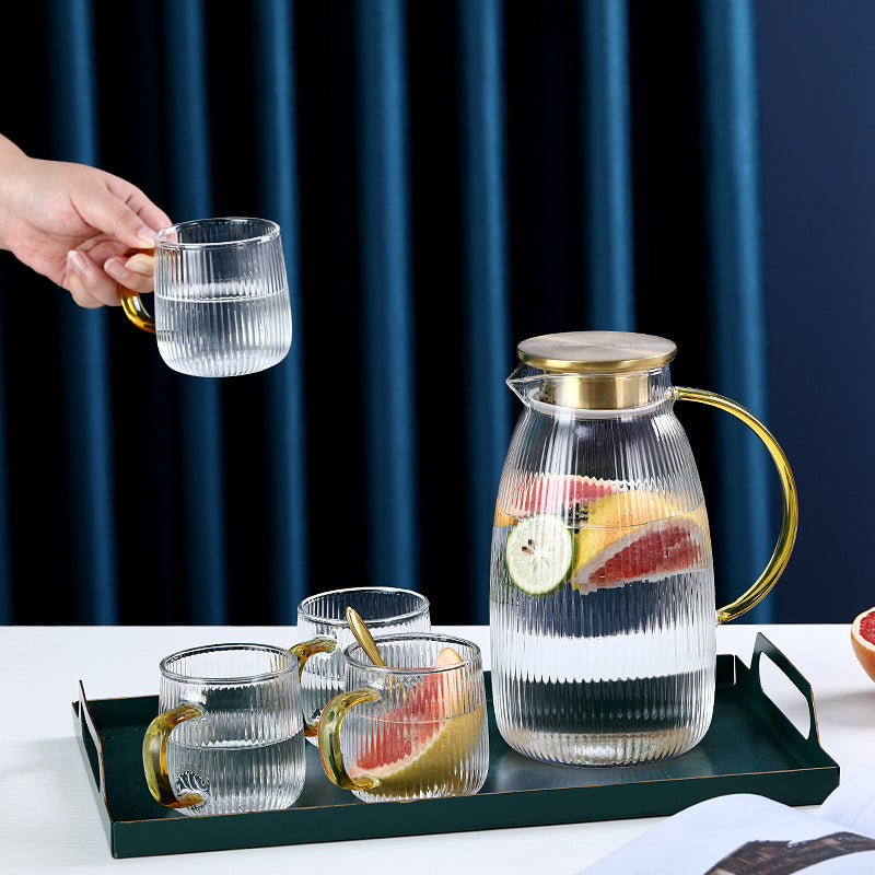 Light luxury Striped Pot with Cup set Heat-Resistant Glass with Gold Lid Kettle large capacity