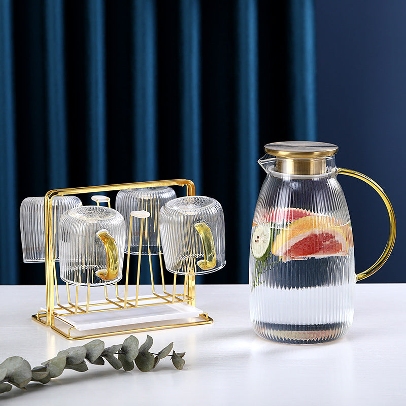 Light luxury Striped Pot with Cup set Heat-Resistant Glass with Gold Lid Kettle large capacity
