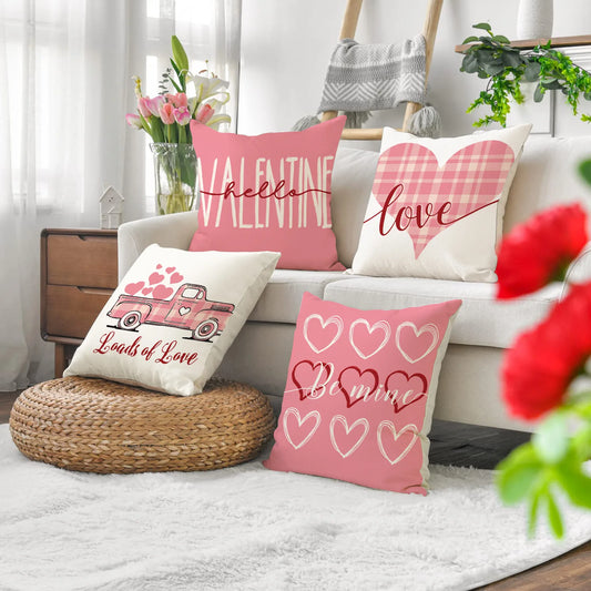 Valentine’S Day Throw Pillow Case 45x45cm Linen Cushion Cover Pink Red Heart Love Gift Home Decoration For Sofa Room Bed Decor