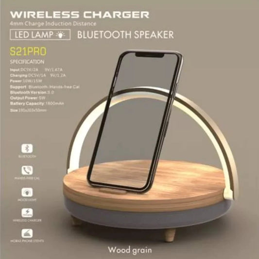 Pro Bluetooth Speaker with Wood Finish, Wireless Charger + LED Lamp, Music Bedside Lamp