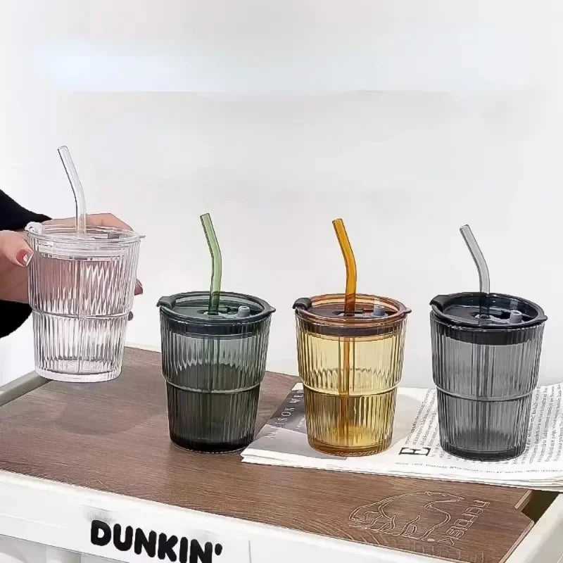 Premium 450ml Insulated Coffee Glass with Lid and Straw - Vertical Stripe Design - High-quality Transparent Water Cup