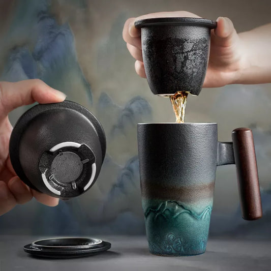 HandMade Artisanal Ceramic Mug with Built-In Strainer - Perfect for Coffee and Tea Lovers